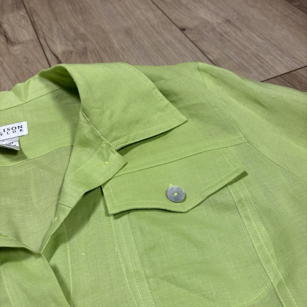 Allison Taylor Women's 100% Linen Button-Up Shirt Large Green Roll Tab‎ Solid - Picture 2 of 7